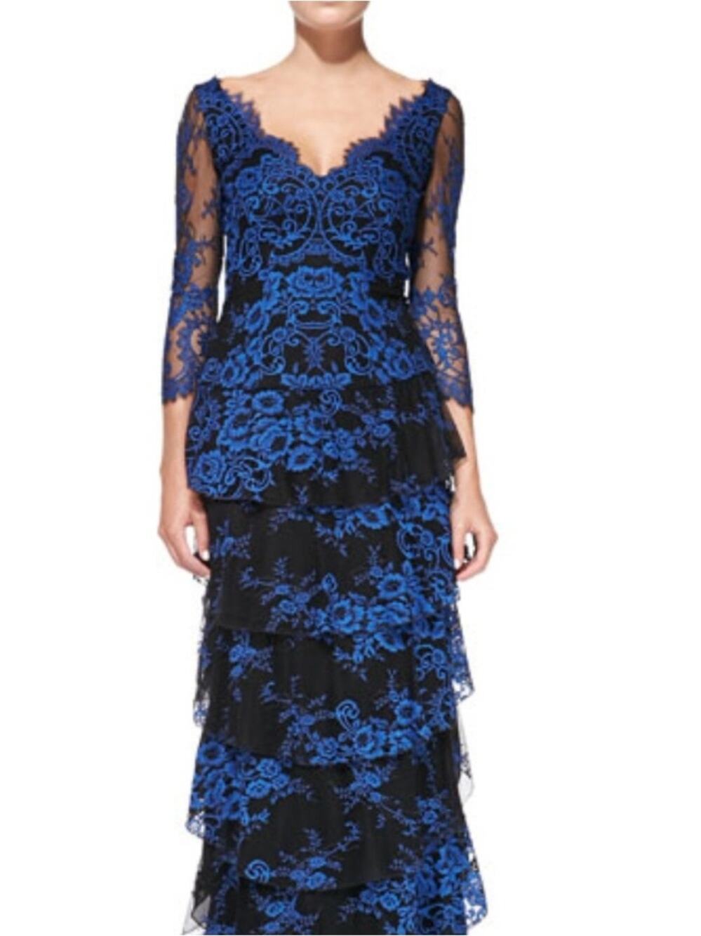 Alice + Olivia Stacey Bendet Alyssa Tiered Ruffle Blue Black Lace Gown size 4